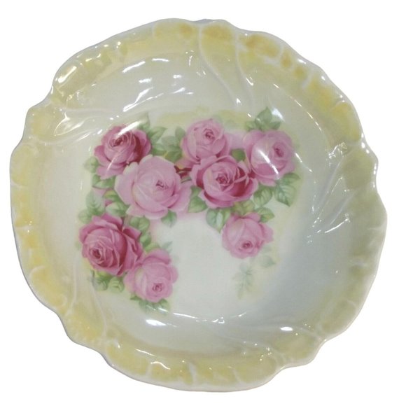 RCW Bavaria Lusterware Floral Serving Bowl pink roses yellow rim rose large 9.5" - Picture 1 of 12
